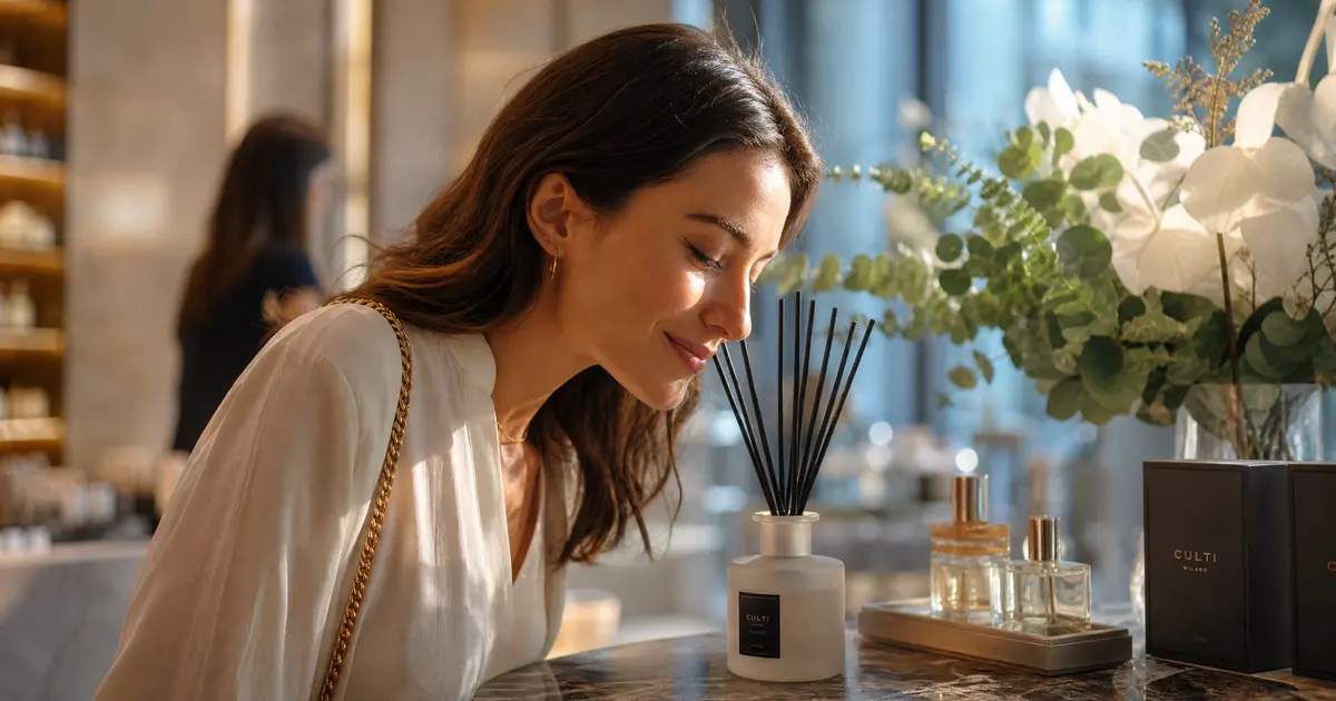 a girl smelled the reed diffuser showing Crafting Olfactory Identity for the Rise of Retail Scent Marketing in the UAE