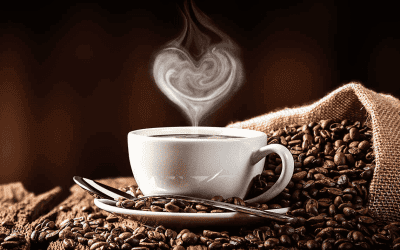 Coffee cup with coffee beans highlighting Cafe Aroma experience