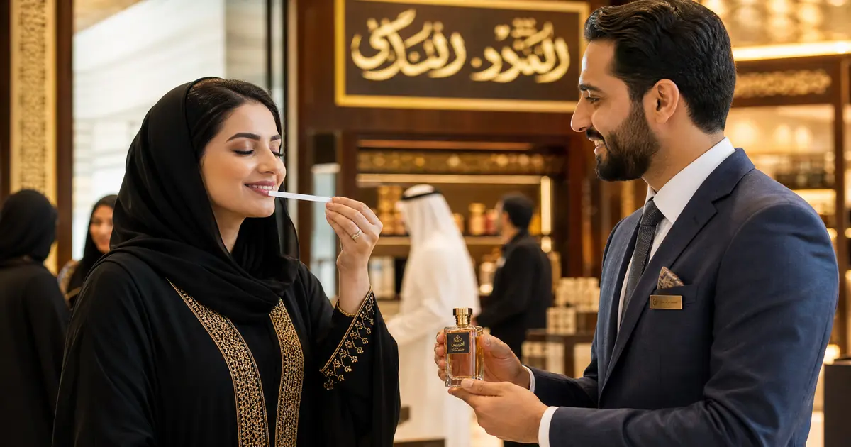 photograph set in a modern luxury Dubai shopping mall. In the foreground, a smiling Emirati woman in elegant traditional abaya inhaling the fragrance from a oud tester strip