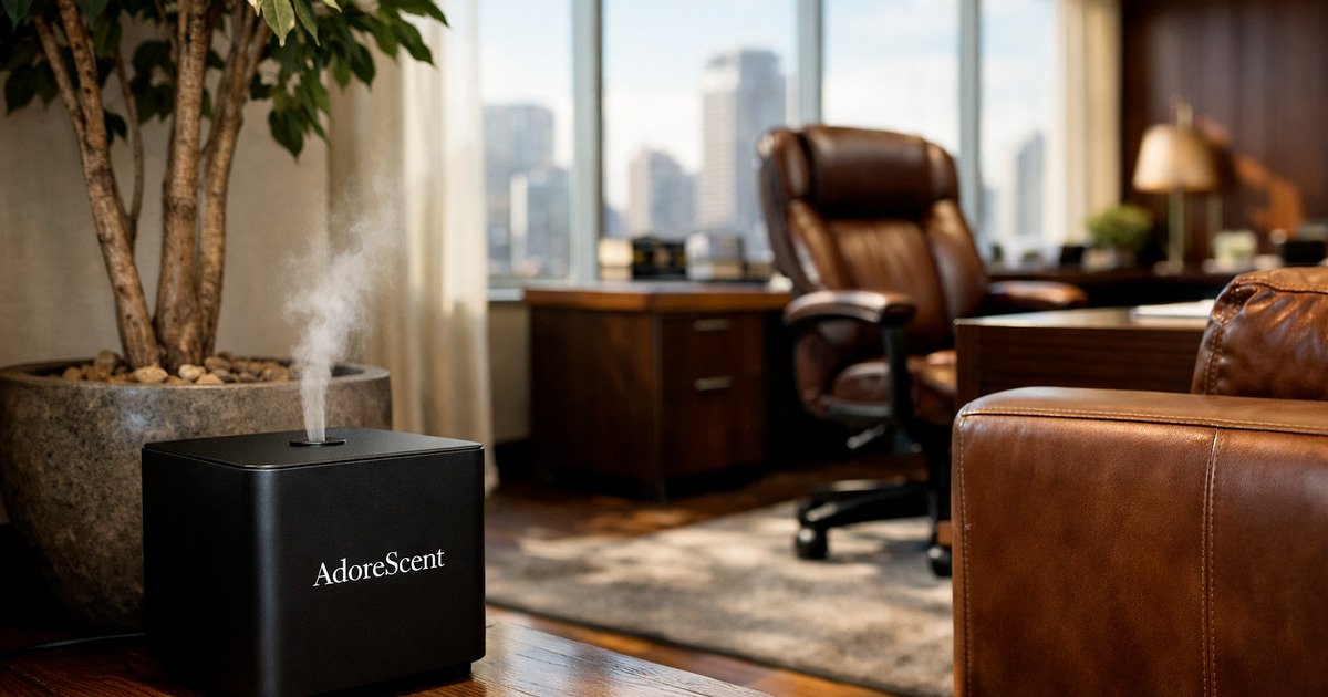 black aroma diffuser for office close to a tree and leather seat