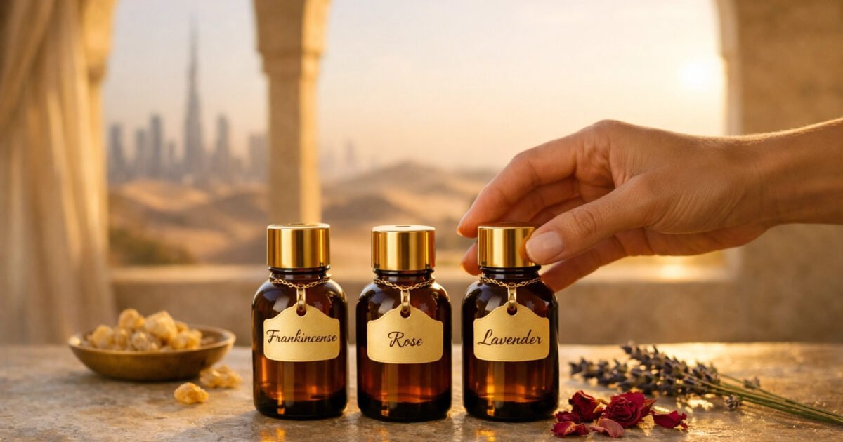 a hand is reaching to one of top 3 essential oils UAE