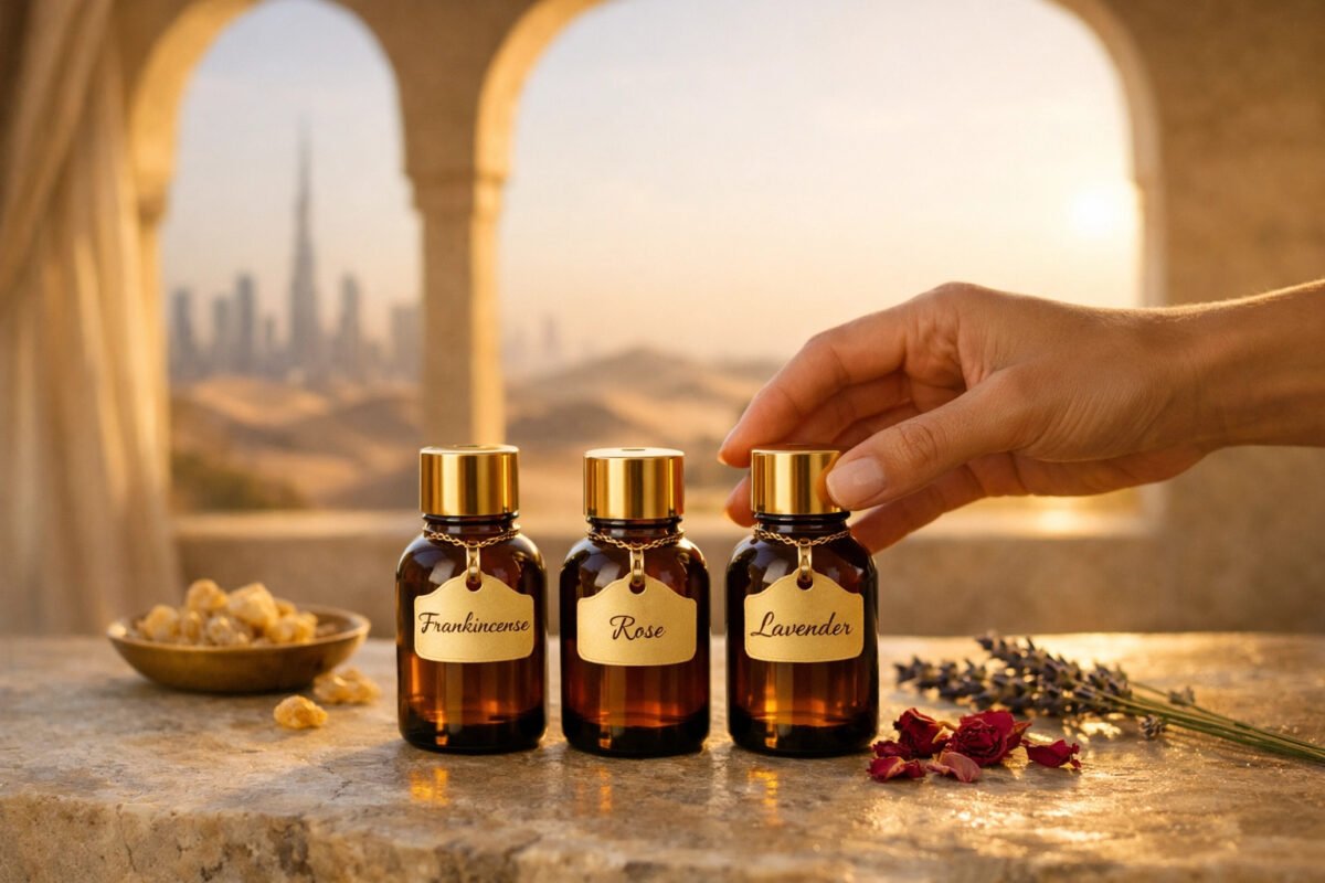 a hand is reaching to one of top 3 essential oils UAE