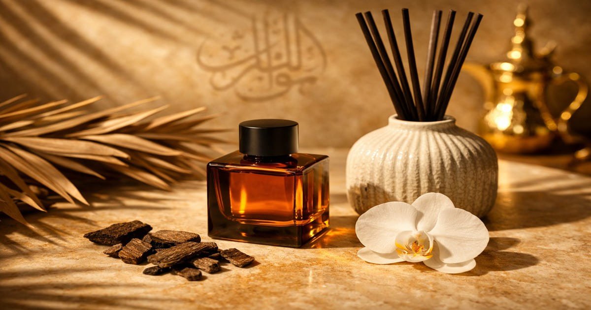 Luxury home fragrance designed with a shinny glassy bottle with reed diffuser next to it and a flower