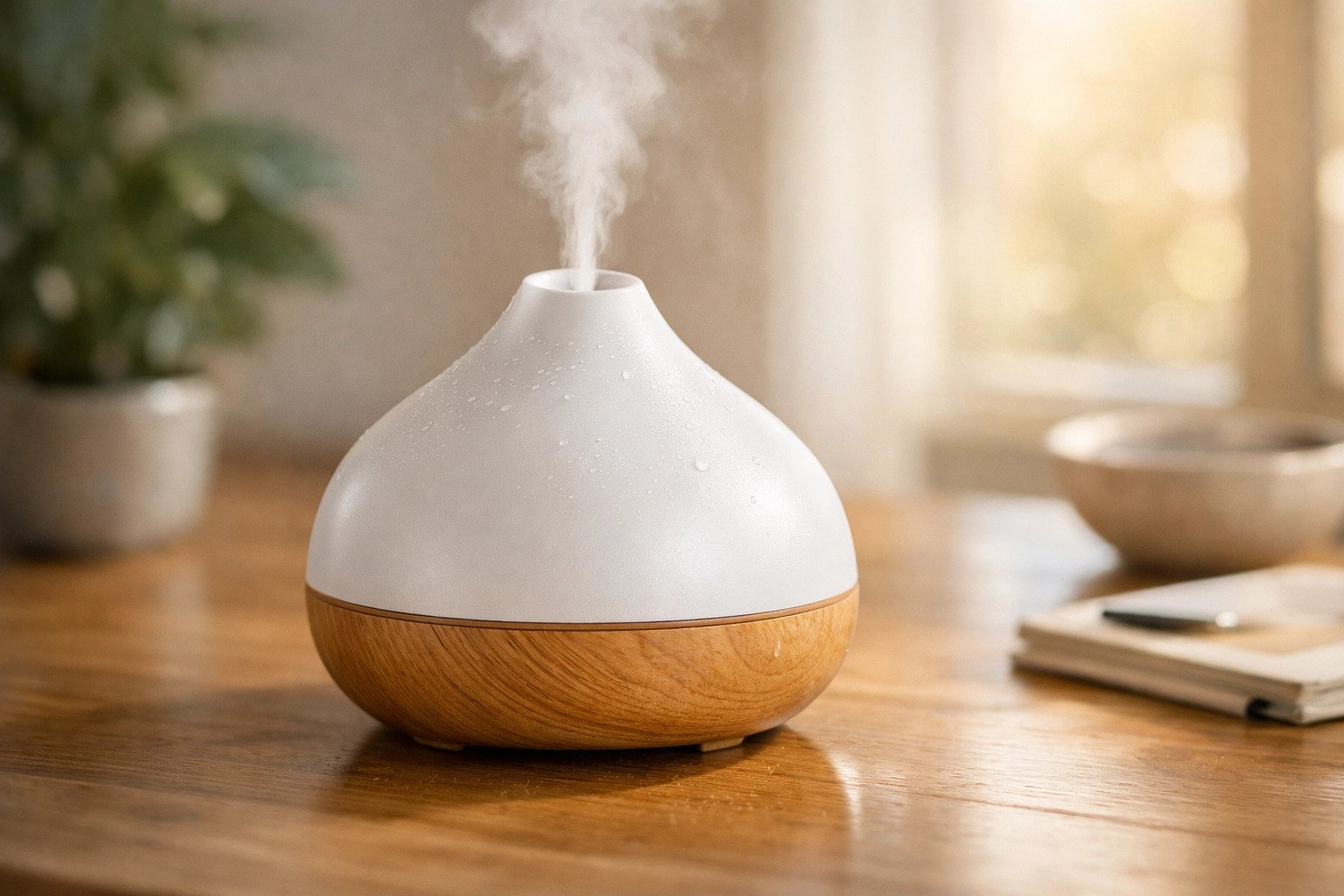 half white and half brown color ultrasonic diffuser giving mist on the air