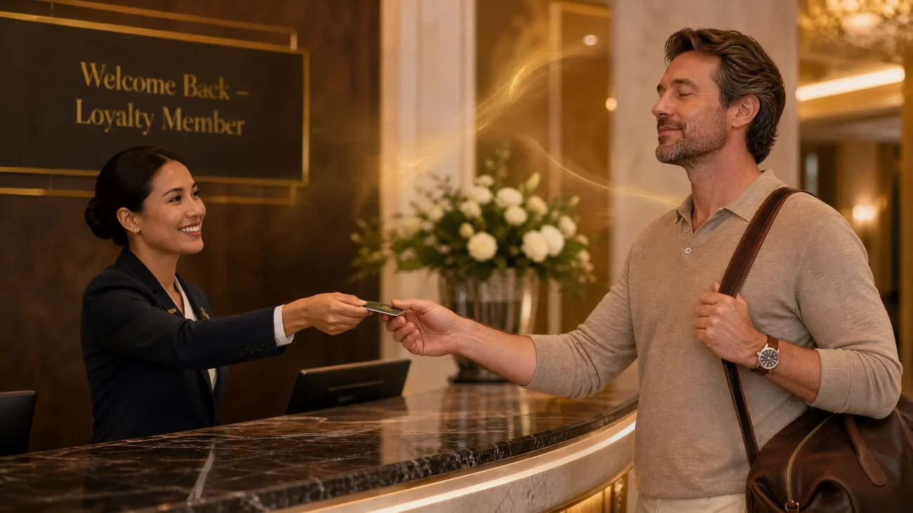 a man checking in to a 5 stars hotel that shows How Signature Scenting Increases Hotel Guest Retention