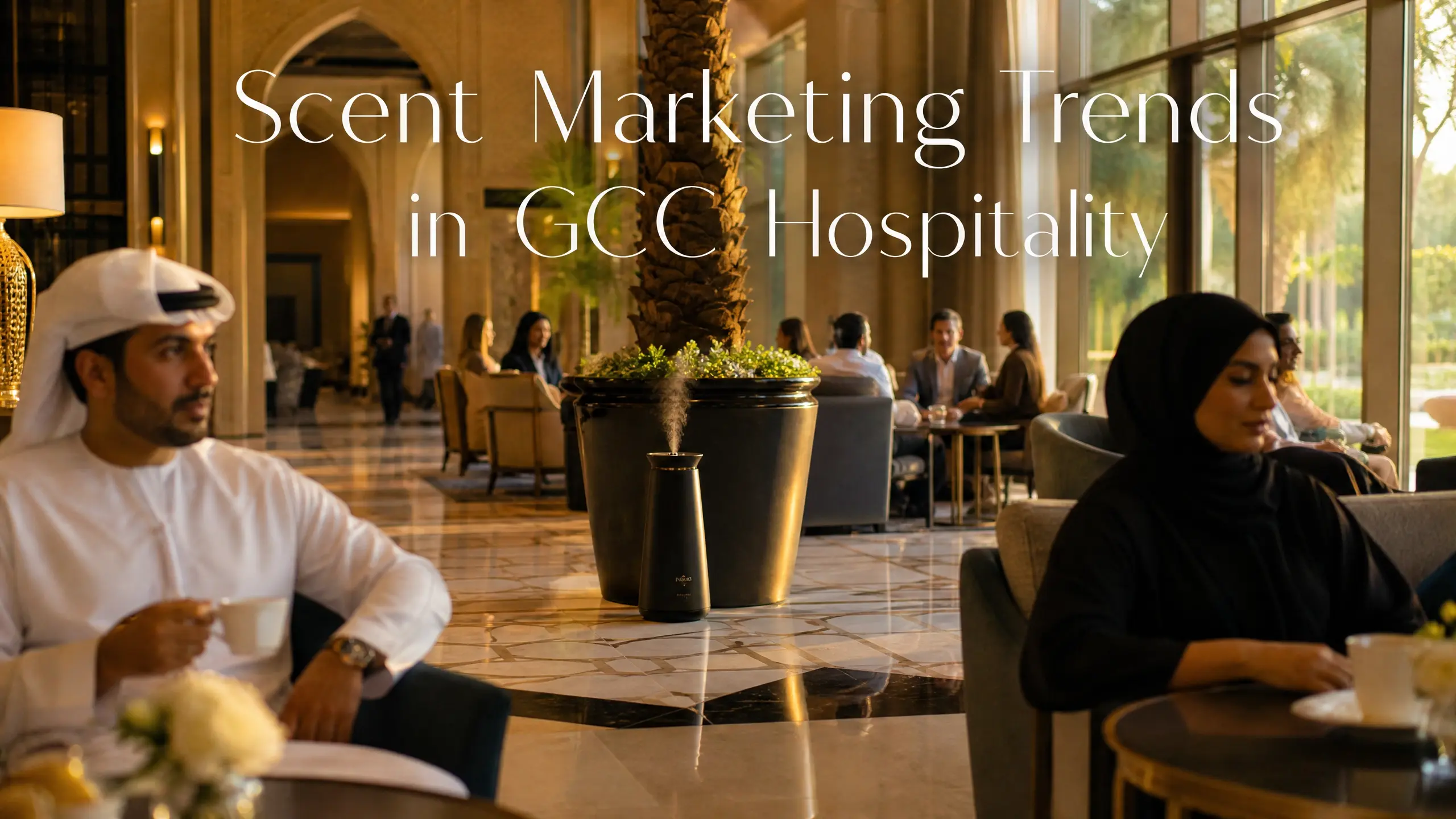 people setting around scent machine to show the impact of Scent Marketing Trends in GCC Hospitality