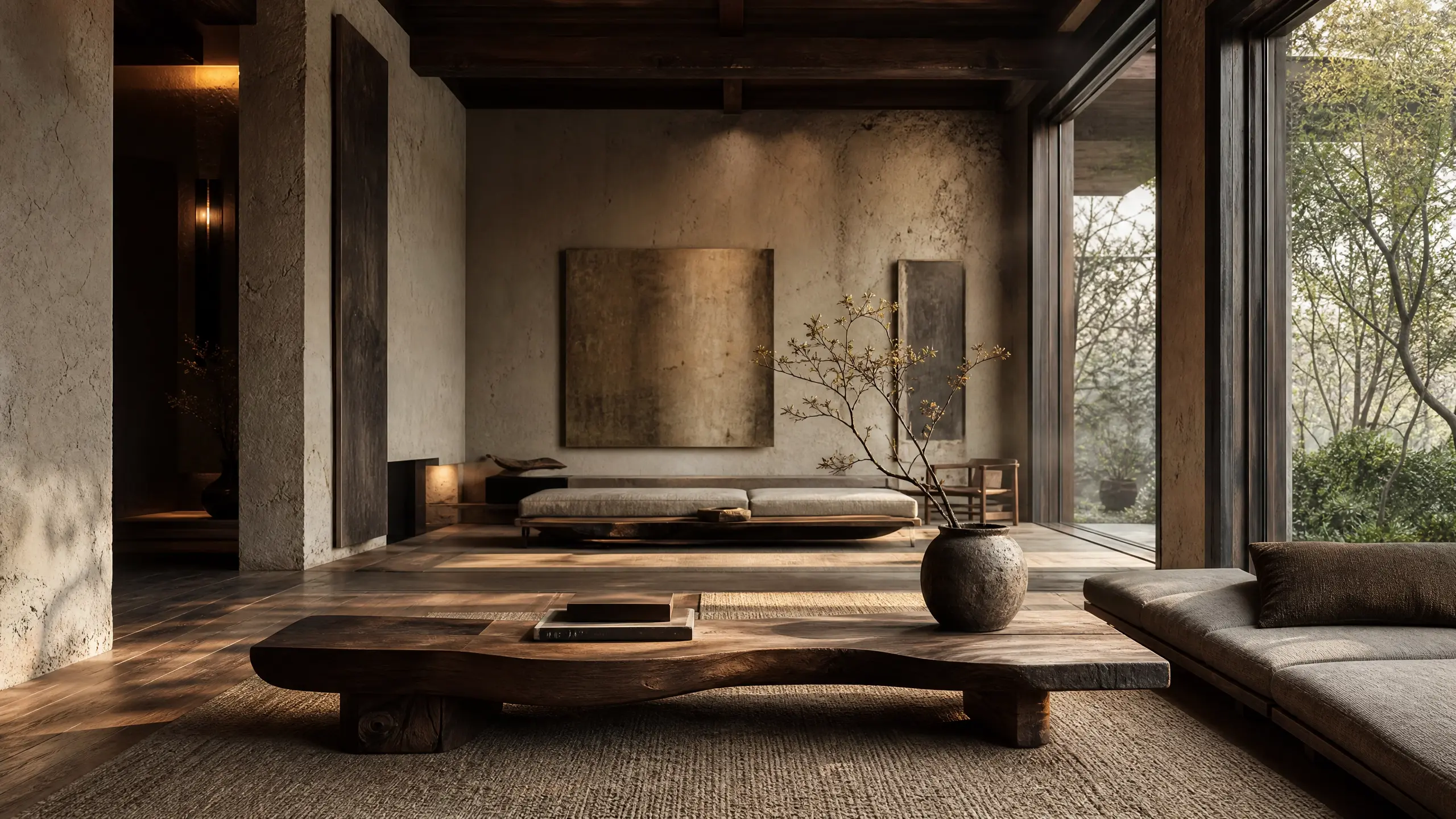 villa designed around principles of Japanese wabi-sabi asymmetry, texture, restraint with arabian aroma scent
